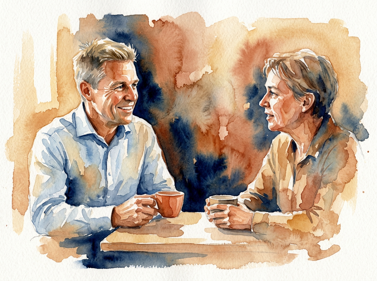 Akvarell av Kjell Fjeldheim i rolig kaffesamtale med en kunde